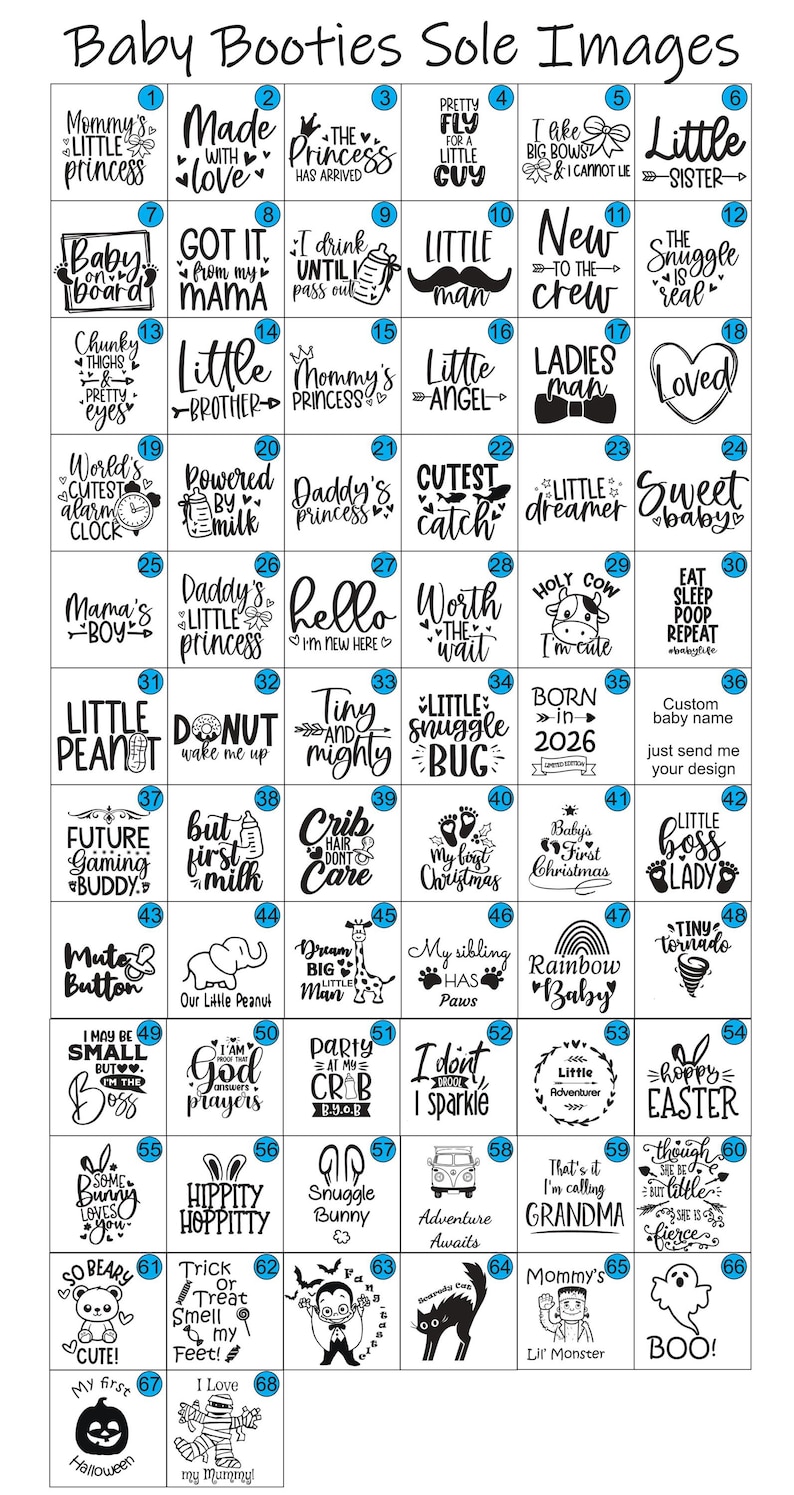 Puede incluir: Una cuadr&iacute;cula de 68 dise&ntilde;os gr&aacute;ficos en blanco y negro para patucos de beb&eacute;, cada uno numerado y con frases &uacute;nicas como Mommy's Little Princess, Little Man y Born in 2026, junto a ilustraciones de animales e iconos infantiles.