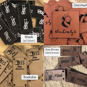 Square or Round Faux Leather Tags, Washable, Labels, Sew on Tags, Knitting Crochet garment labels, Rivets, Chicago Screws customize