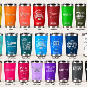 May include: A collection of twenty-four stainless steel YETI tumblers in various colours including yellow, orange, coral, red, dark red, lime, army green, sand, seafoam green, wave blue, agave teal, reef blue, pacific blue, navy blue, white, pink, and black.