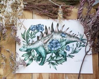 Tuojiangosaurus & paeonia officinalis illustration - "Dinosaurs and botany" collection (A5, A4)