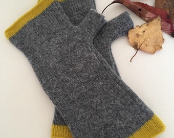 Handmade Grey Lambswool Fingerless Mittens with Mustard Trim