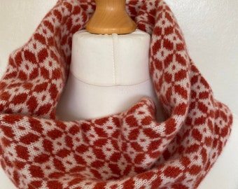 Hand Knitted Lambswool Snood: Rust Fairisle Scarf