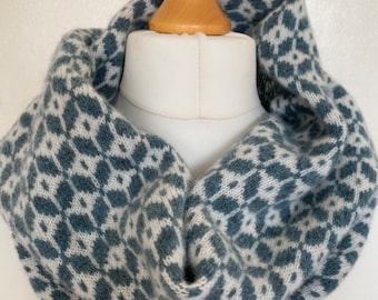Hand Knitted Lambswool Snood: Teal Fair Isle Scarf