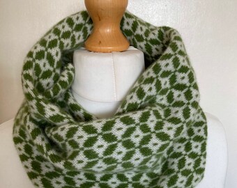 Hand Knitted Lambswool Snood: Green Fair Isle Scarf