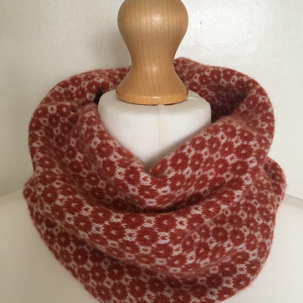 Dark Burnt  orange and cream  snood. Knitted lambswool snood . Burnt orange and cream knitted cowl. Lambswool  knitted snood.