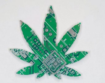 Recycled Circuit Board Pot Leaf: Magnet, Pin, or Ornament