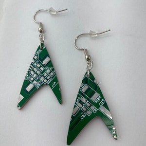 Circuit Board Star Trek Earrings Dangling Cutout of a Recycled Circuit Board Blue, Red, Green image 2