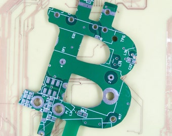 Bitcoin - Cut From Recycled Circuit Board | Choose Option: Magnet, Pin or Ornament