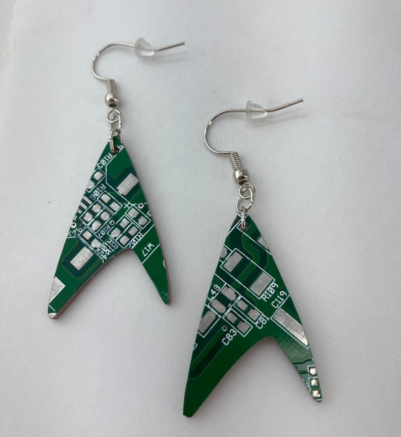 Circuit Board Star Trek Earrings Dangling Cutout of a Recycled Circuit Board Blue, Red, Green image 2