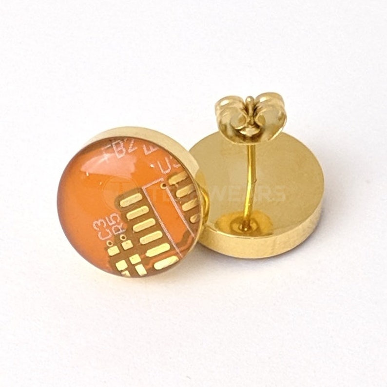 Resin Stud Circuit Board Earrings Available in 6 Colors 100% Recycled Circuit Board Orange