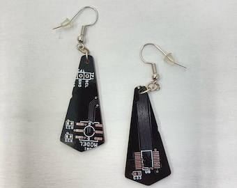 Flare Black and Silver Earrings - Dangling Flared Shape Cutout of a Recycled Motherboard