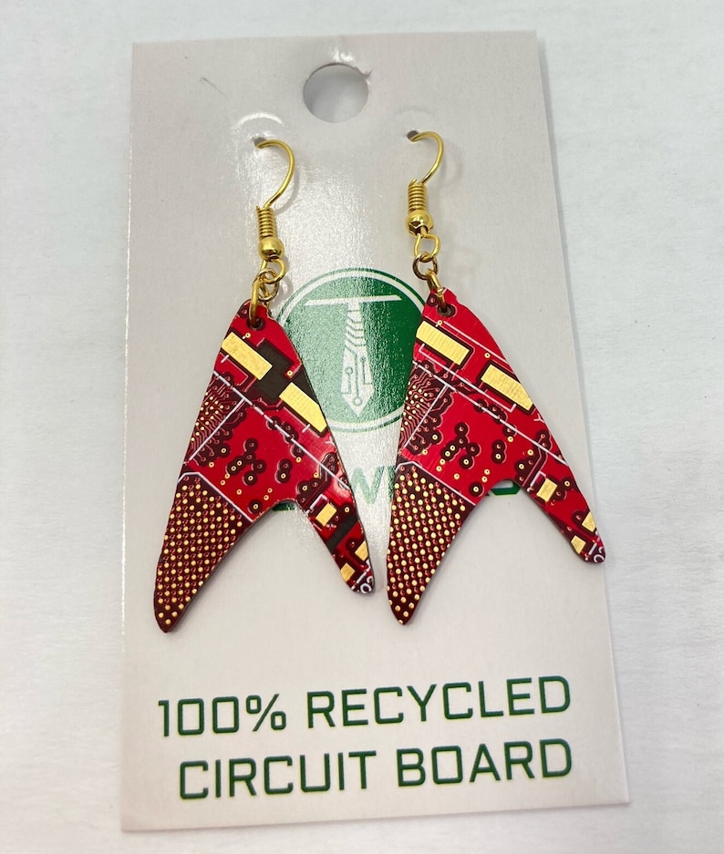Circuit Board Star Trek Earrings Dangling Cutout of a Recycled Circuit Board Blue, Red, Green image 7