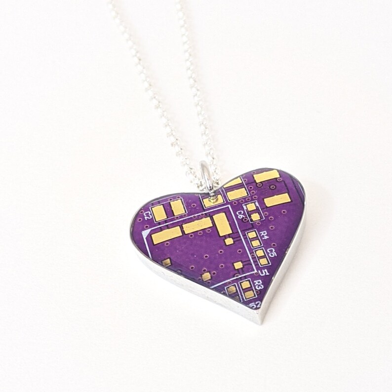 Circuit Board Heart Pendant with Silver Chain 100% Recycled Circuit Board Purple
