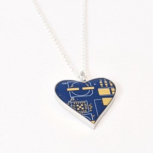 Circuit Board Heart Pendant with Silver Chain 100% Recycled Circuit Board Blue