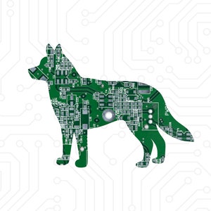 May include: A green circuit board in the shape of a dog. The circuit board has many electronic components and wires.