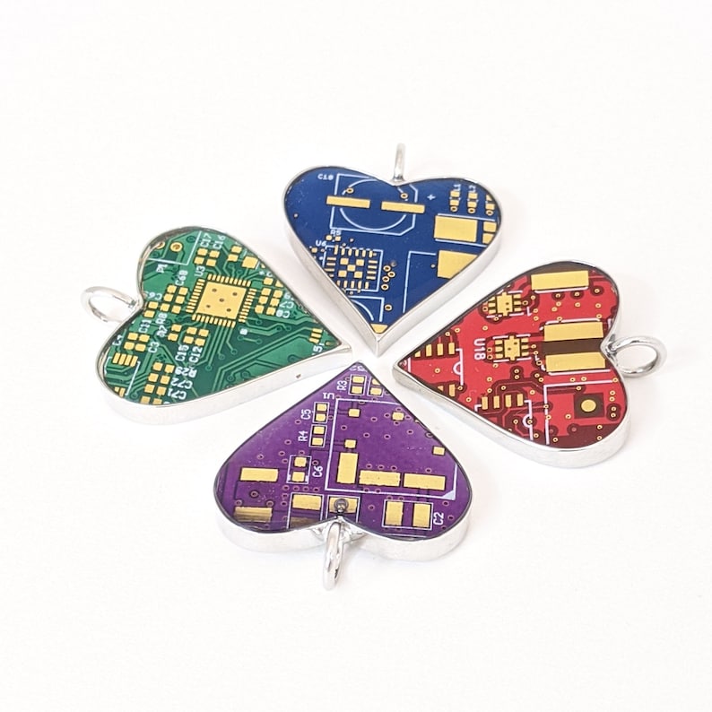Circuit Board Heart Pendant with Silver Chain 100% Recycled Circuit Board image 1