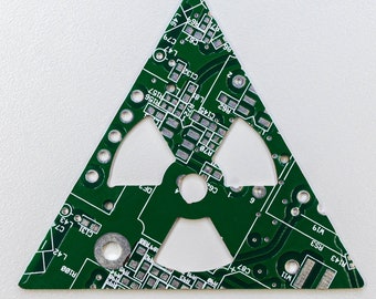 Caution Sign Radiation - Cut From Recycled Circuit Board - Choose Option: Magnet, Pin or Ornament