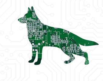 German Shepherd - Dog Art Cut Out of Recycled Circuit Board - Choose Option: Magnet, Pin or Ornament
