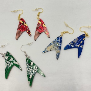 Circuit Board Star Trek Earrings Dangling Cutout of a Recycled Circuit Board Blue, Red, Green image 1