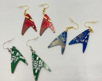 Circuit Board Star Trek Earrings - Dangling Cutout of a Recycled Circuit Board |  Blue, Red, Green