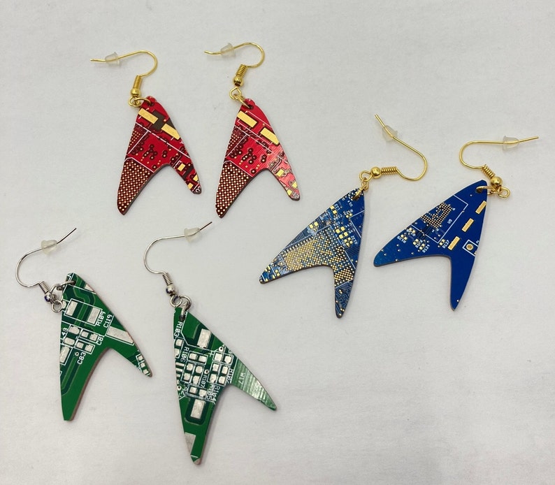 Circuit Board Star Trek Earrings Dangling Cutout of a Recycled Circuit Board Blue, Red, Green image 1