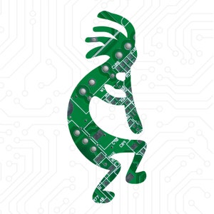 Kokopelli / Corte de placa de circuito reciclado / Elija opción: Imán, Pin u Adorno Verde