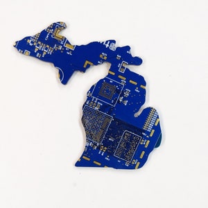 Michigan State Cut Out of Recycled Circuit Board Choose Option: Magnet, Pin or Ornament Blue