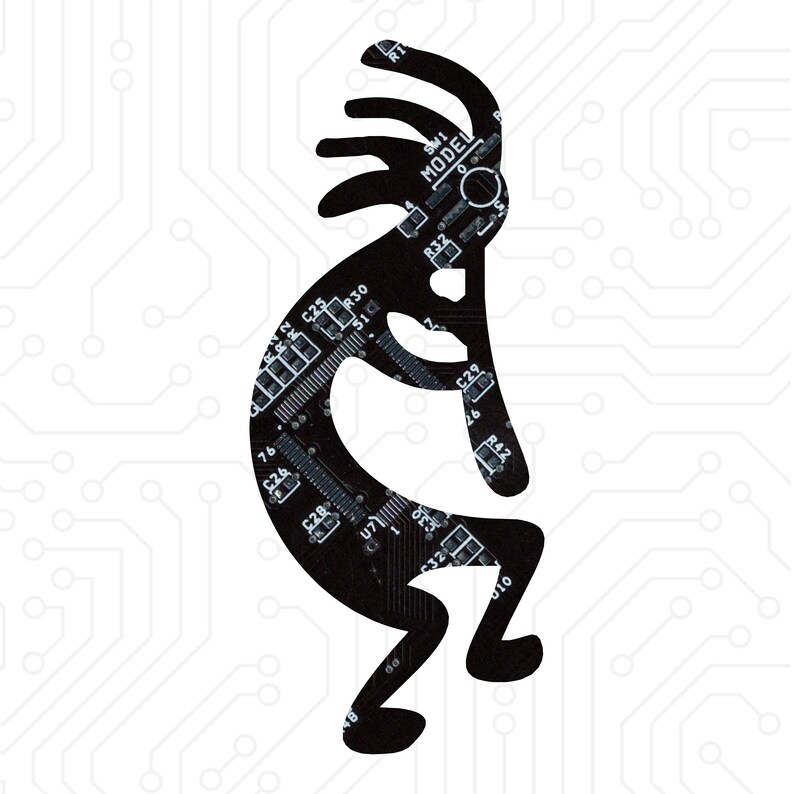 Kokopelli / Corte de placa de circuito reciclado / Elija opción: Imán, Pin u Adorno Negro