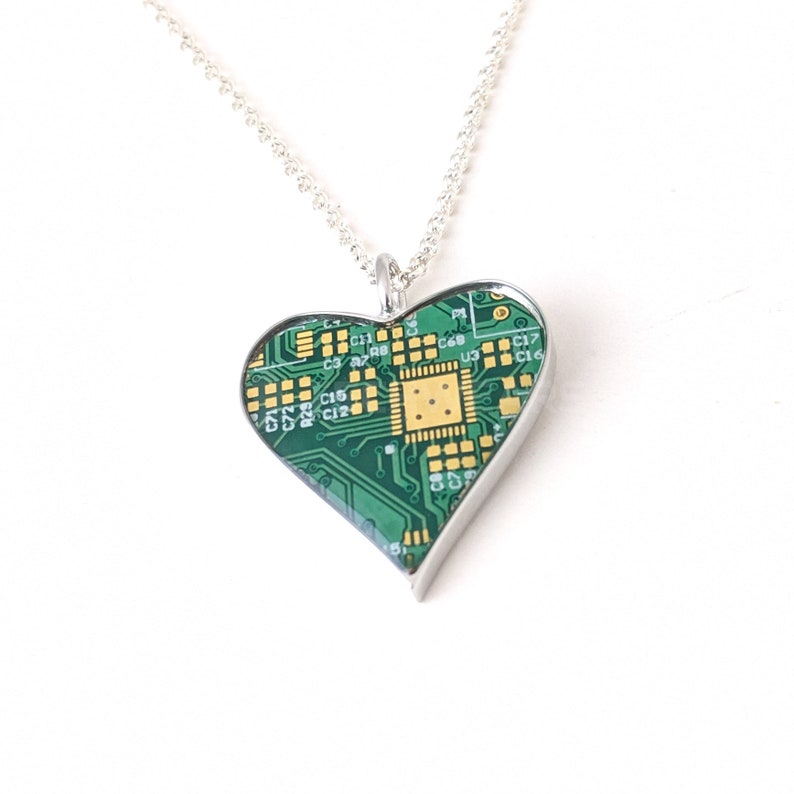 Circuit Board Heart Pendant with Silver Chain 100% Recycled Circuit Board Green