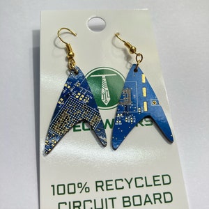 Circuit Board Star Trek Earrings Dangling Cutout of a Recycled Circuit Board Blue, Red, Green image 6