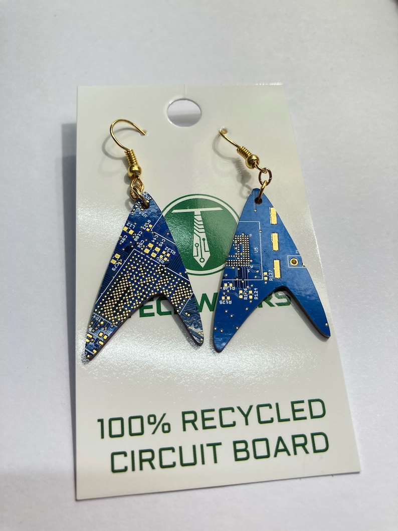 Circuit Board Star Trek Earrings Dangling Cutout of a Recycled Circuit Board Blue, Red, Green image 6