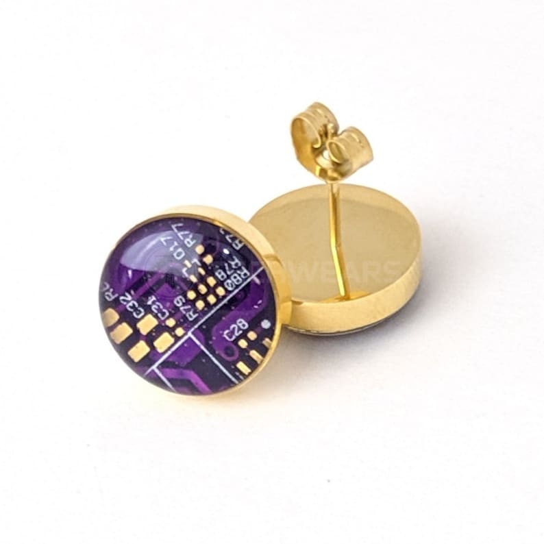 Resin Stud Circuit Board Earrings Available in 6 Colors 100% Recycled Circuit Board Purple