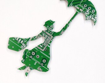 Mary Poppins Silhouette - Cut Out of Recycled Circuit Board - Choose Option: Magnet, Pin or Ornament