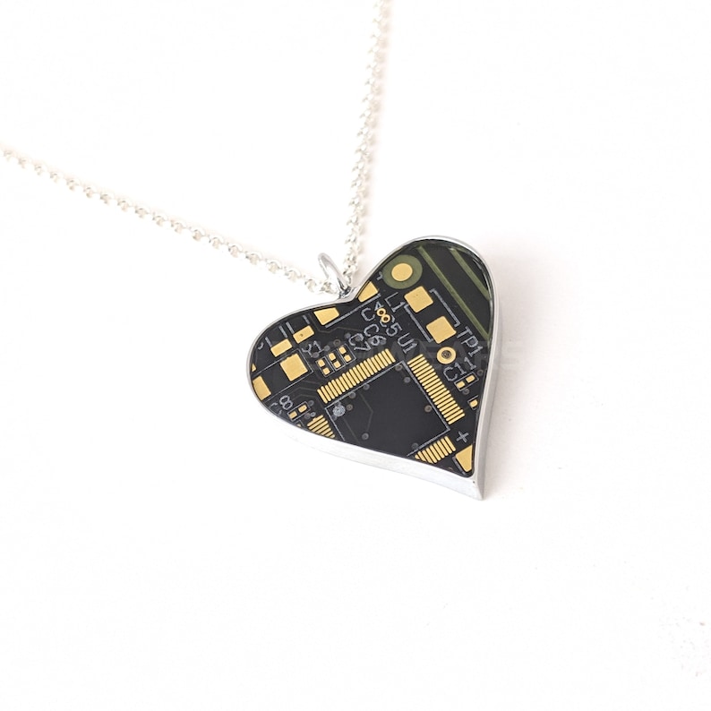 Circuit Board Heart Pendant with Silver Chain 100% Recycled Circuit Board Black