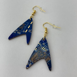 Circuit Board Star Trek Earrings Dangling Cutout of a Recycled Circuit Board Blue, Red, Green image 3