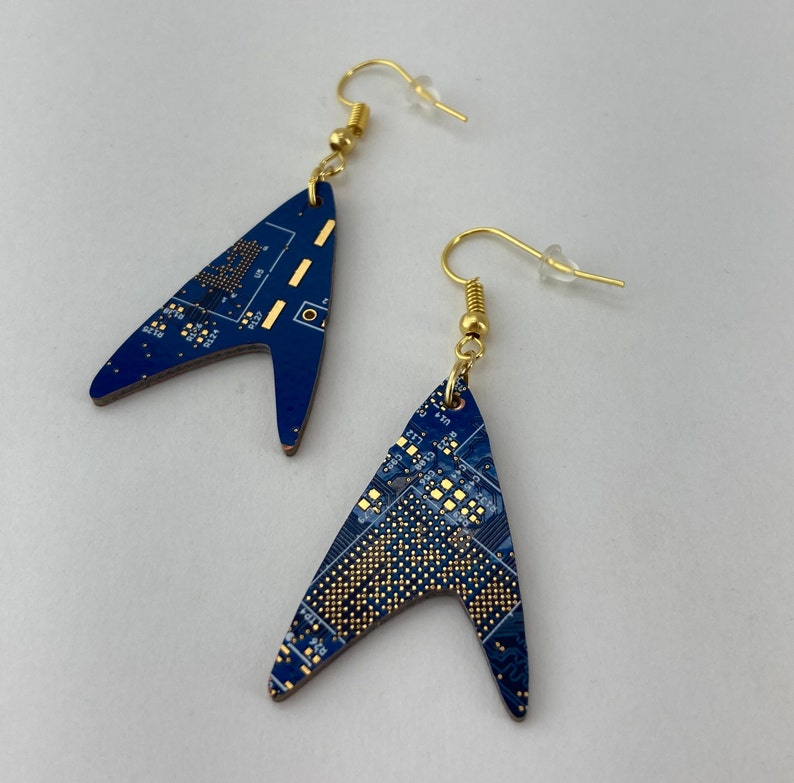 Circuit Board Star Trek Earrings Dangling Cutout of a Recycled Circuit Board Blue, Red, Green image 3