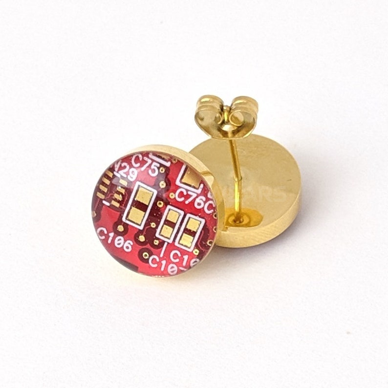Resin Stud Circuit Board Earrings Available in 6 Colors 100% Recycled Circuit Board Red