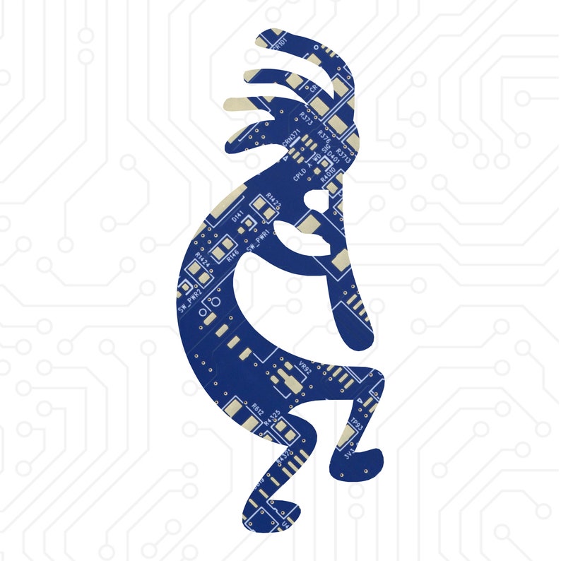 Kokopelli / Corte de placa de circuito reciclado / Elija opción: Imán, Pin u Adorno Azul