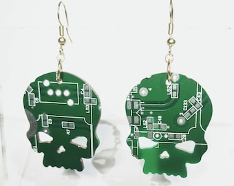 Circuit Board Skull Earrings - Dangling Cutout of a Recycled Circuit Board | Green