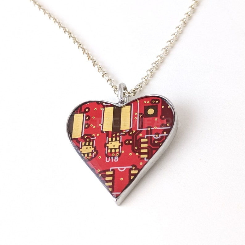Circuit Board Heart Pendant with Silver Chain 100% Recycled Circuit Board Red