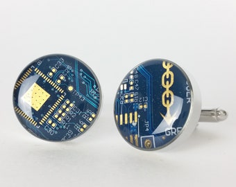 Classic Circuit Board Cufflinks in Green, Blue, or Red | Round or Square