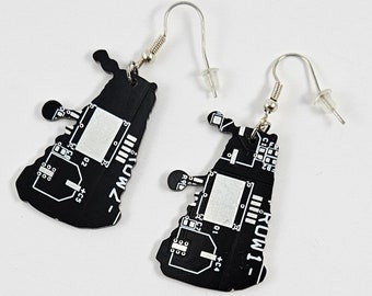 Circuit Board Dalek Earrings | 100% Recycled Black and Silver Circuit Board