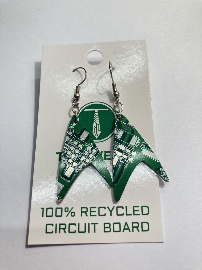 Circuit Board Star Trek Earrings Dangling Cutout of a Recycled Circuit Board Blue, Red, Green image 5