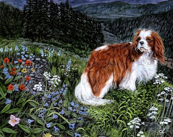 Cavalier King Charles Spaniel art print titled 'After The Rain' by Charlene Elliott - Blenheim Cavalier King Charles Spaniel 8" x 10"