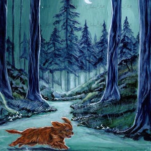 May include: A painting of a small, brown dog running through a moonlit forest. The artwork features tall, dark blue trees, a winding path, and a crescent moon in a teal sky. The dog is in mid-stride, adding a sense of movement.