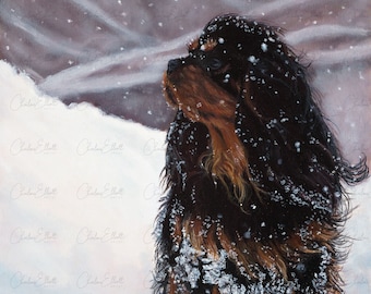 GRAND tirage Cavalier King Charles Spaniel, 33 x 19 pouces impression d'art par Charlene Elliott, cavalier noir et feu, cadeau cavalier, art chien