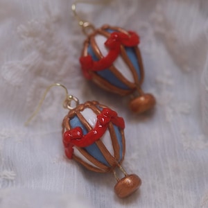 Hot air balloon earrings jewelry Unique hand painted polymer clay dangle earrings Eye catching jewelry Victorian era vintage style