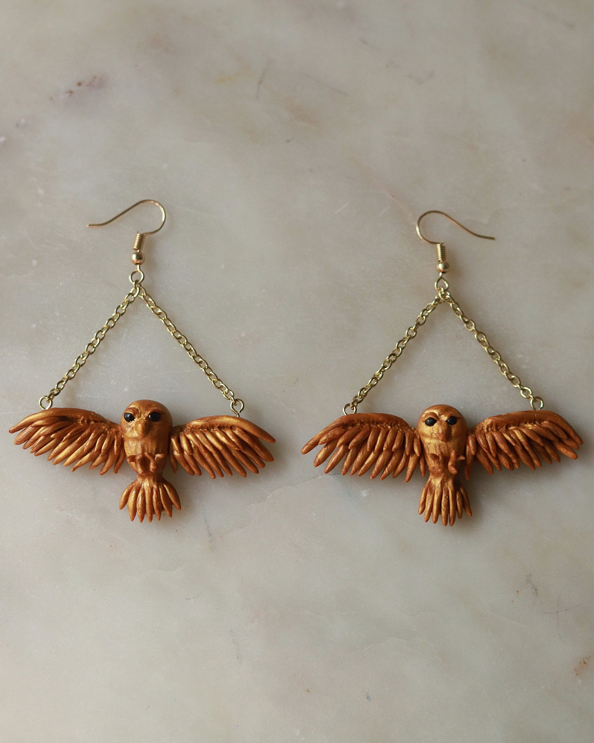 Gold owl earrings Hedwig dangle earrings bird in flight earrings Golden wings expanded jewelry Fores