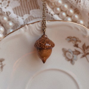 May include: A detailed close-up of an acorn pendant. The pendant is brown with a textured cap and a smooth, pointed body. It hangs from a delicate gold-colored chain. The background includes a vintage plate with floral designs and a string of pearls.