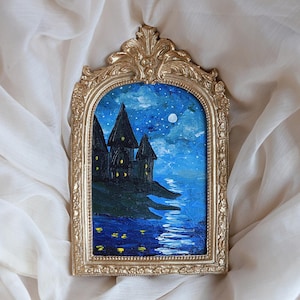 Castle acrylic painting Magical castle tower by moonlight vintage style gold frame